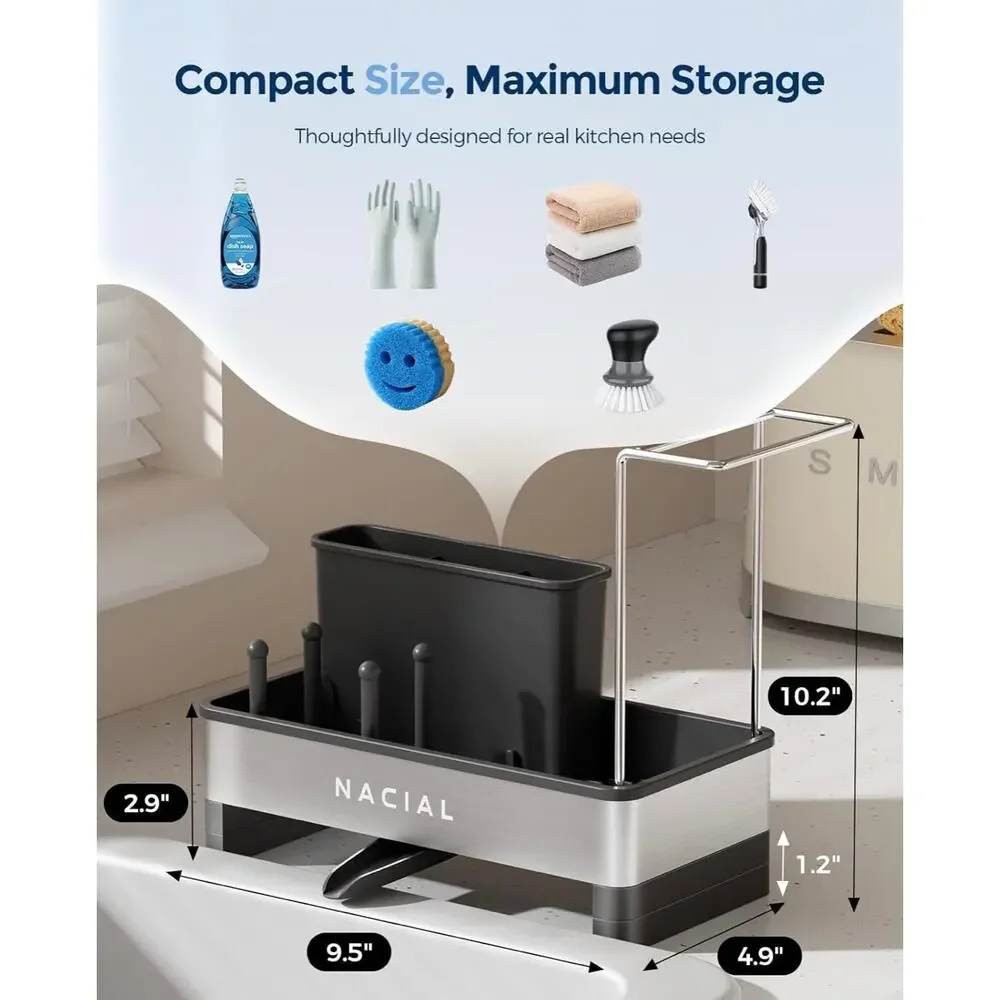 Kitchen Sink Caddy Brush & Sponge Holder, Two Towel Racks Stainless Steel